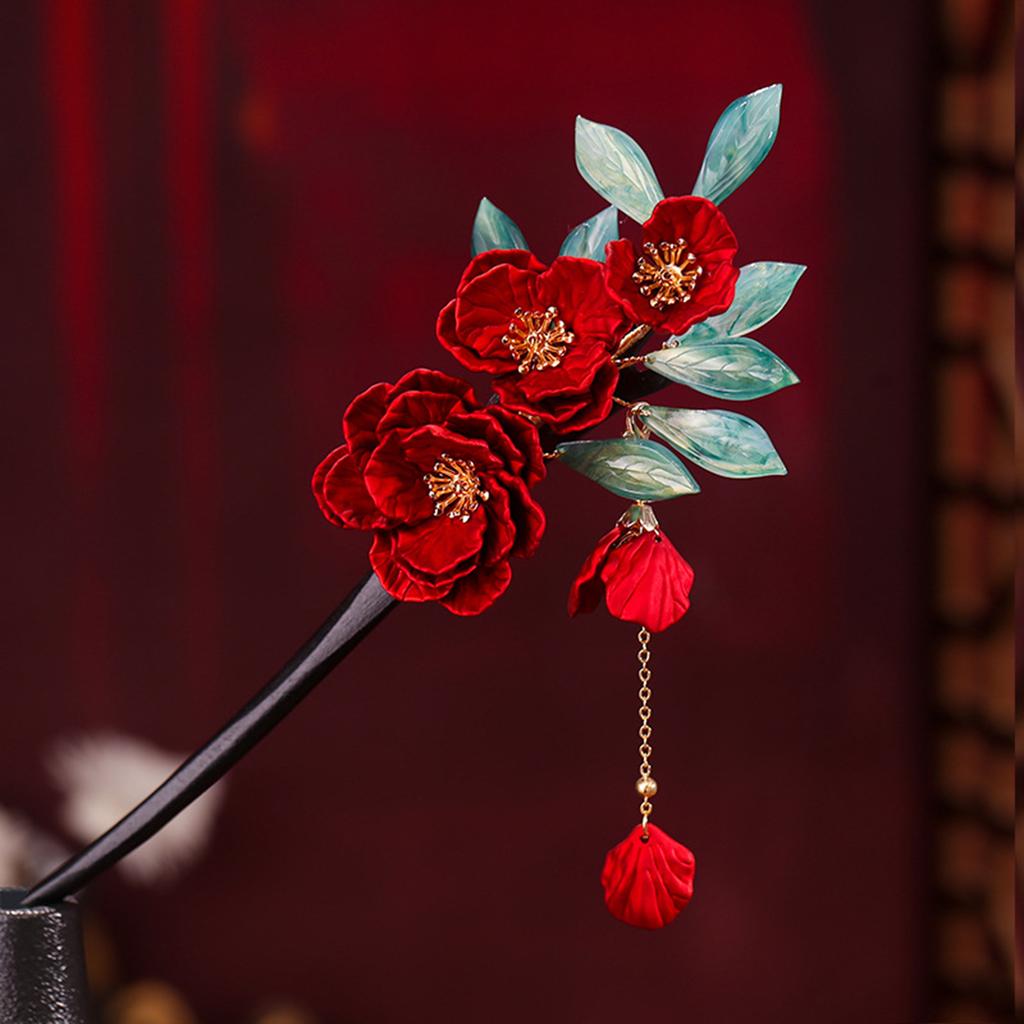 Flower Tassel Hairpin For Women Vintage Wooden Floral Hair Stick Elegant Hanfu Hair Accessories 18cm Updo Meatball Head Hairpins