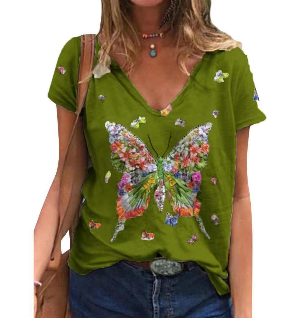 Fashion Spring  Butterfly Print Blouses Short Sleeved V-Neck T Shirts Casual
