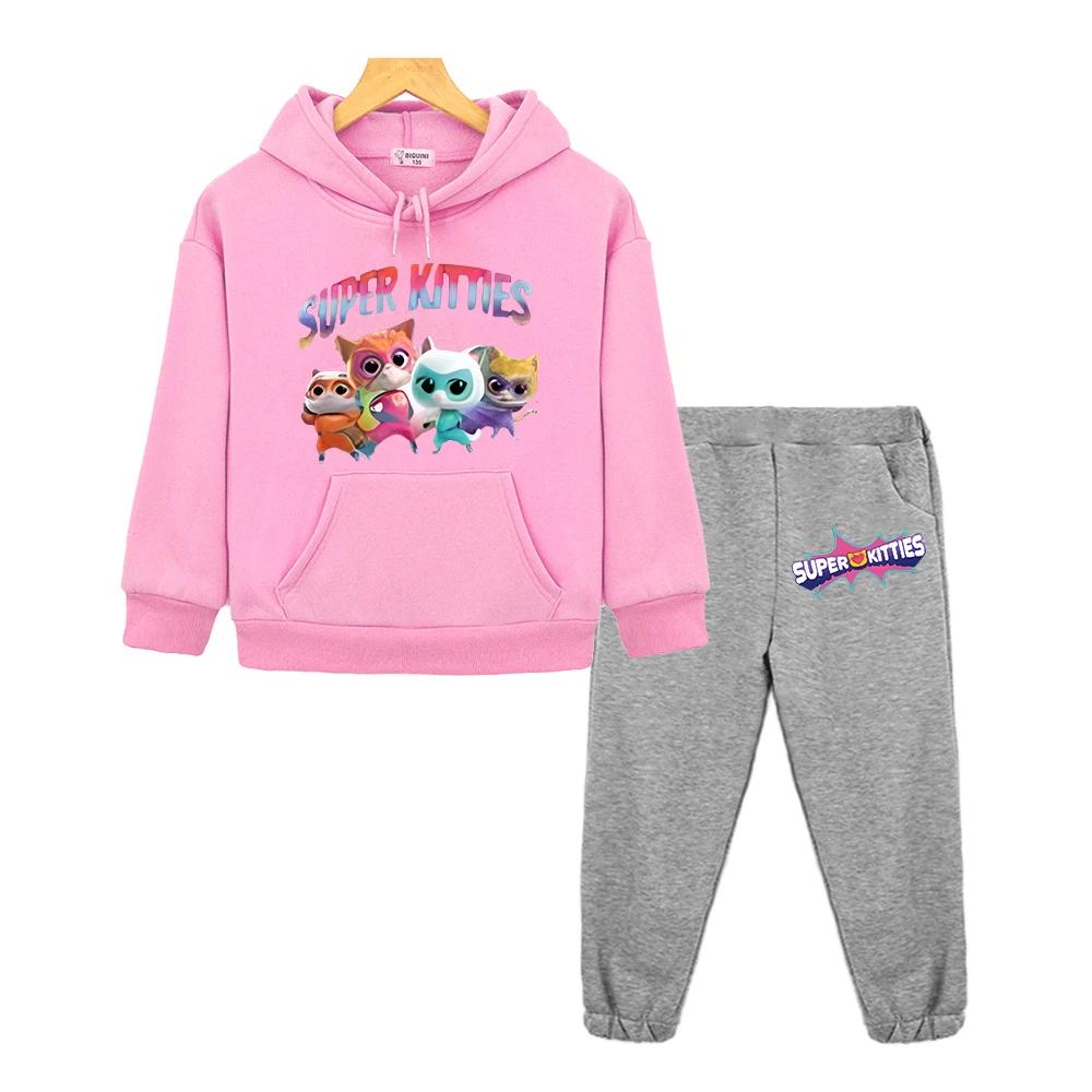 Boys Girl Hooded Sets Super Kitties Anime Hoodie Fleece Sweatshirt Cat Jacket 2pcs Pullover+pant Autumn Kids Boutique Clothes