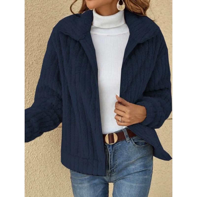 2024 Autumn/Winter Women's Ribbed Plush Lapel Cardigan Jacket