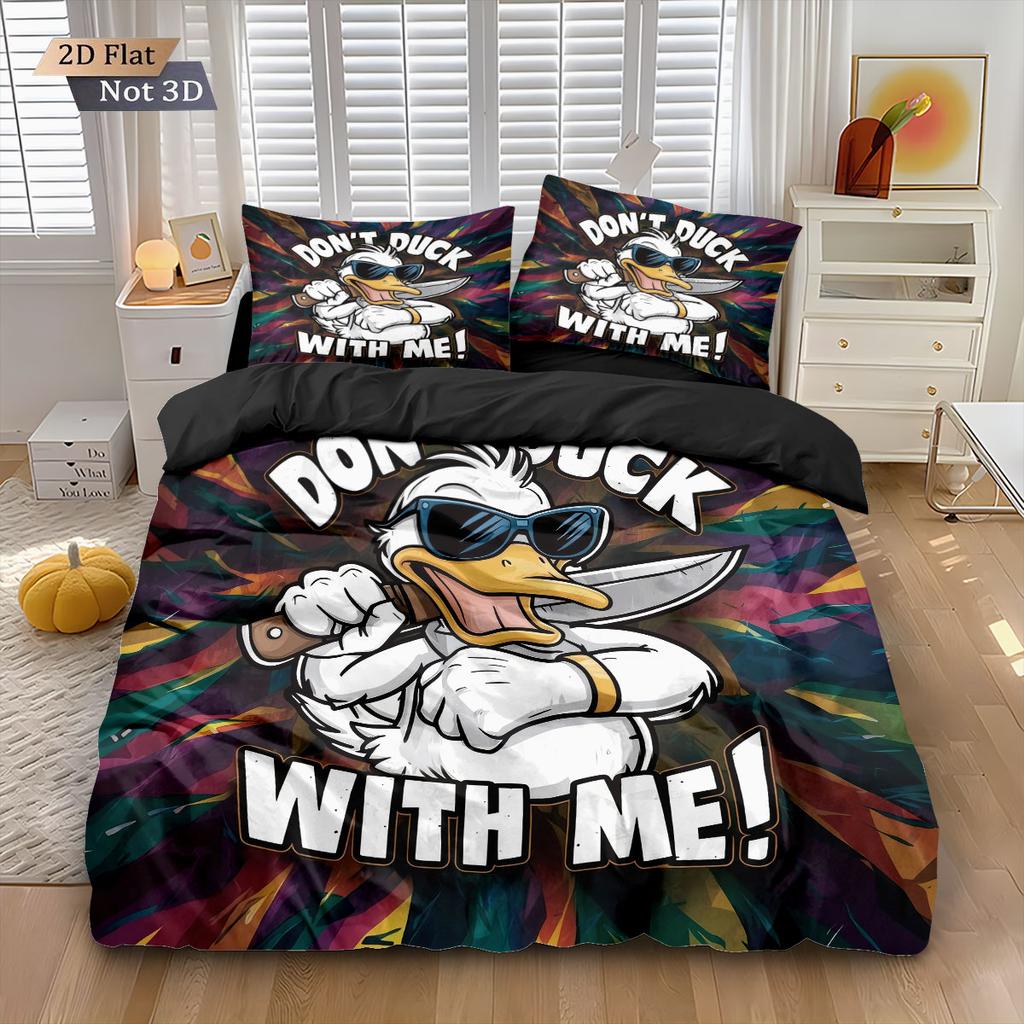 3Pcs Cool And Cute Cartoon Duck Print Coreless Duvet Cover Set, Multi Size Bedroom Bedding Decoration, Comfortable Machine Wash