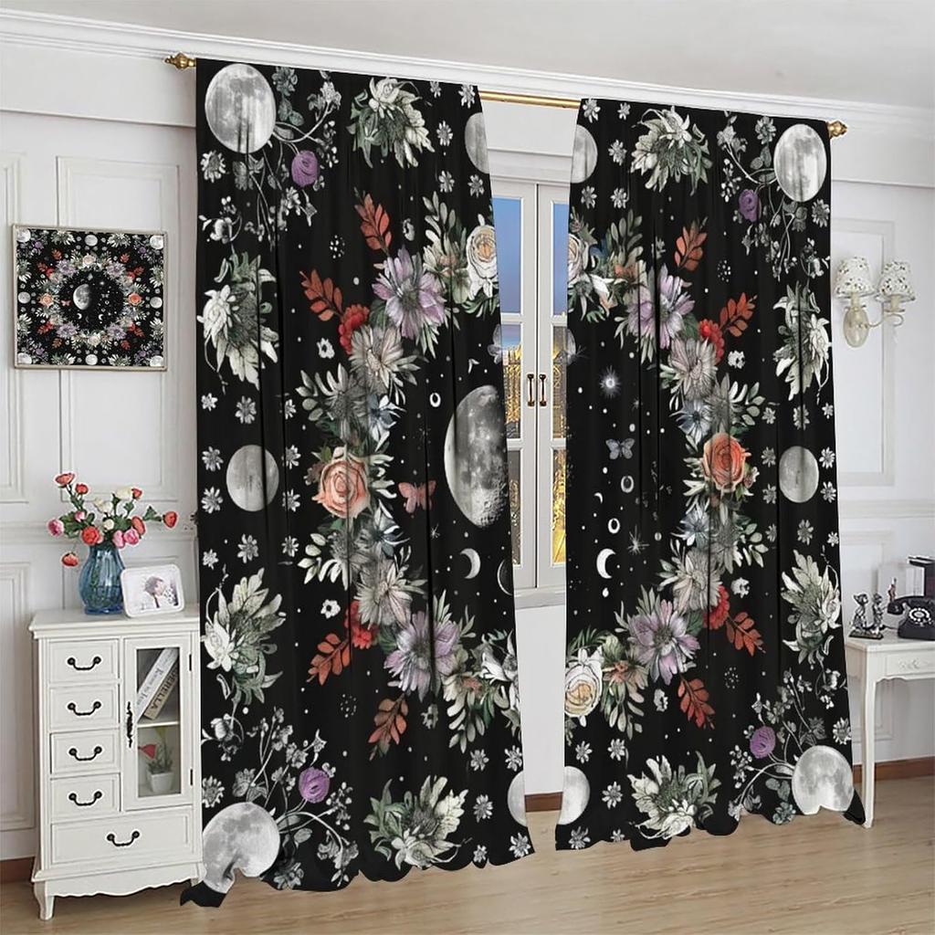 Moon Flower Blackout Curtains   Rustic Farmhouse Plant Moon Floral Bohemian Natural Print Window Drapes   for Bedroom Living Room