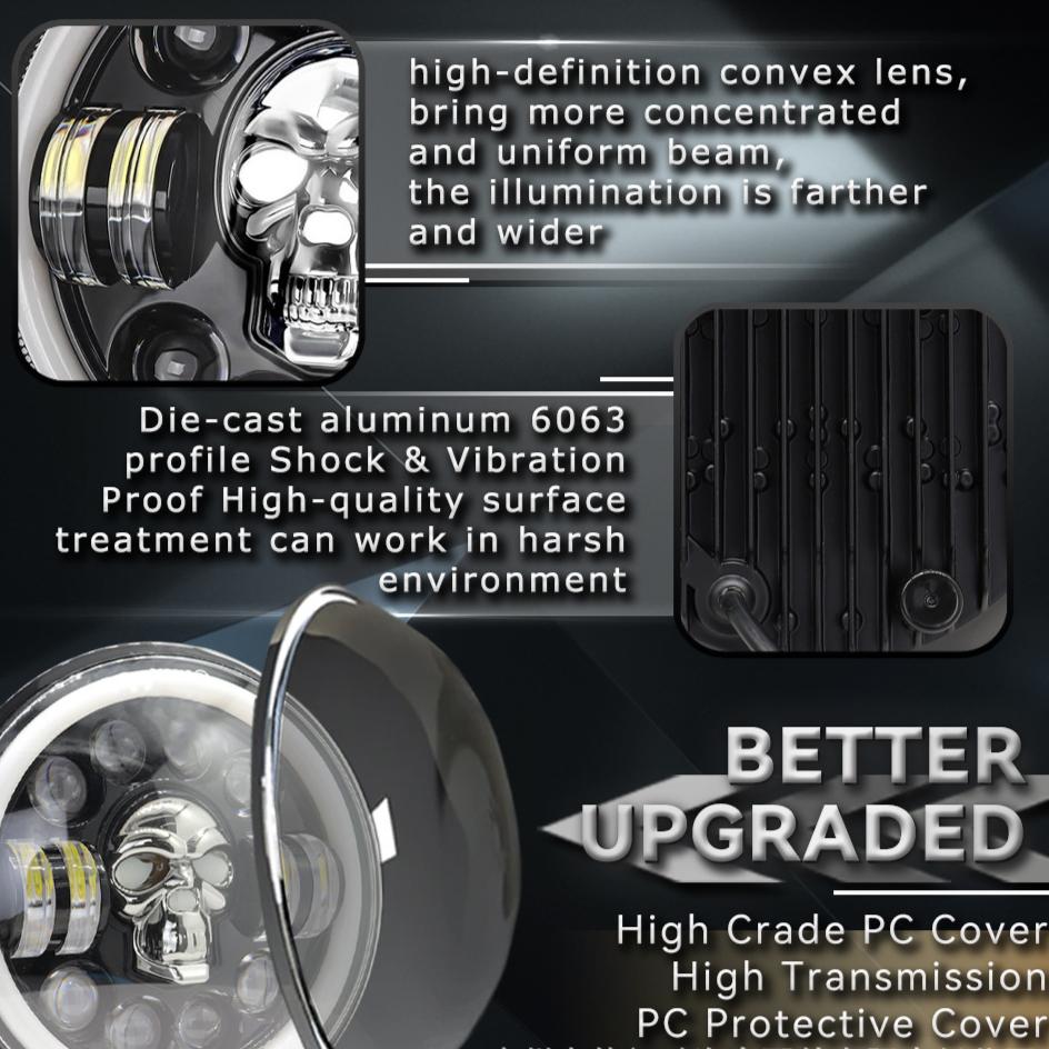 Skull Pattern 7in LED Motorcycle Headlamp 9-36V Hardwired Motor Vehicle Headlight for Modification Accessories
