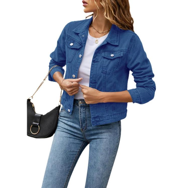 Fashion Women Slim Denim Jacket Casual Slimming Top With Pockets Blouse