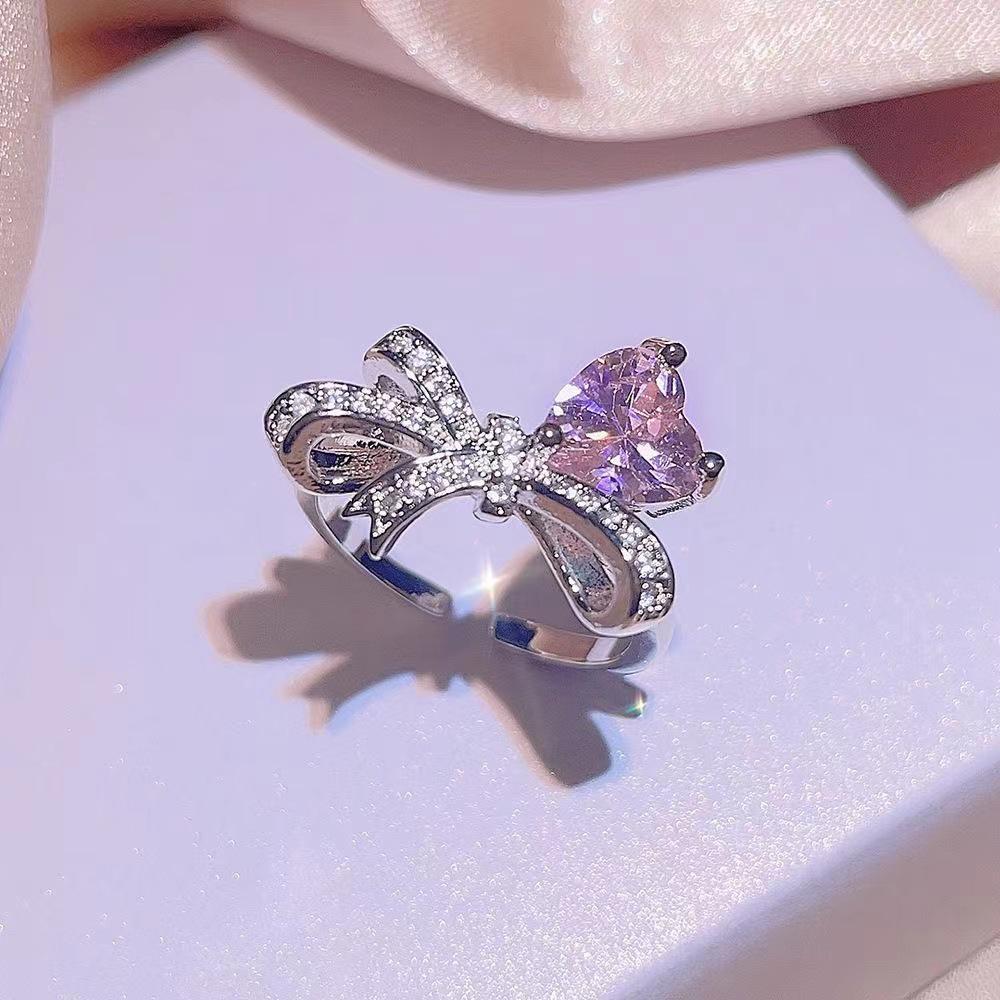 Minimalist Pink Heart Bow Diamond Earrings and Ring Set