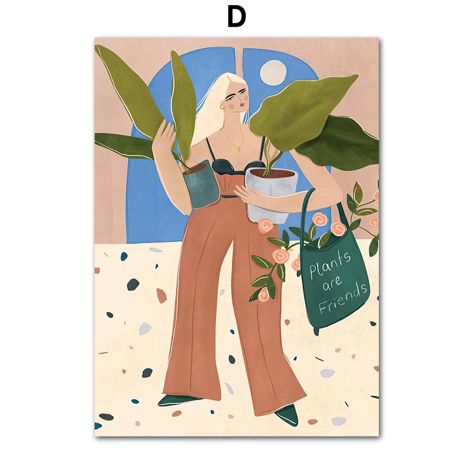 Abstract Boho Fashion Girl Posters Plant Leaves Fruit Flower Minimalist Wall Art Canvas Painting Wall Pictures Living Room Decor