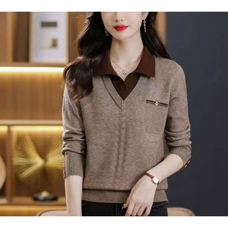 

Вязаный свитер осень и зима фейк два модный свитер женский лацкан осень и зима новый свободный вязаный базовый топ One size верблюд