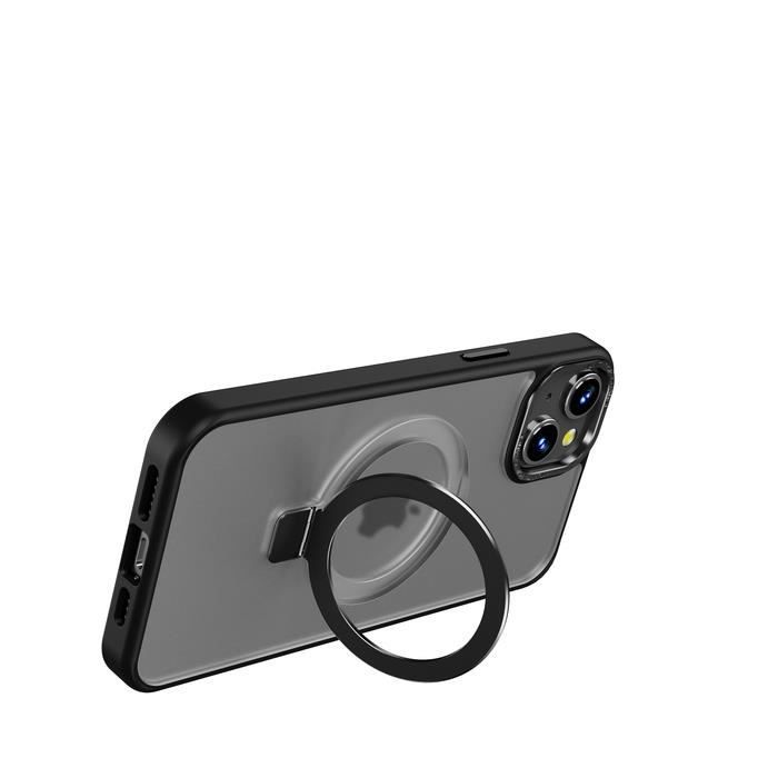 Coque Pour iPhone 15 - MUVIT - Noir - Semi-rigide - Avec Anneau Fonction Stand MagSafe