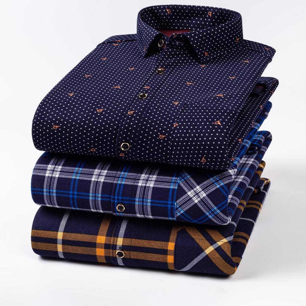 Thickened Long Sleeve Men's Shirt Winter Warm Elastic Fleece Lined One Piece Velvet Plaid Dad Clothes Middle Age Shirt