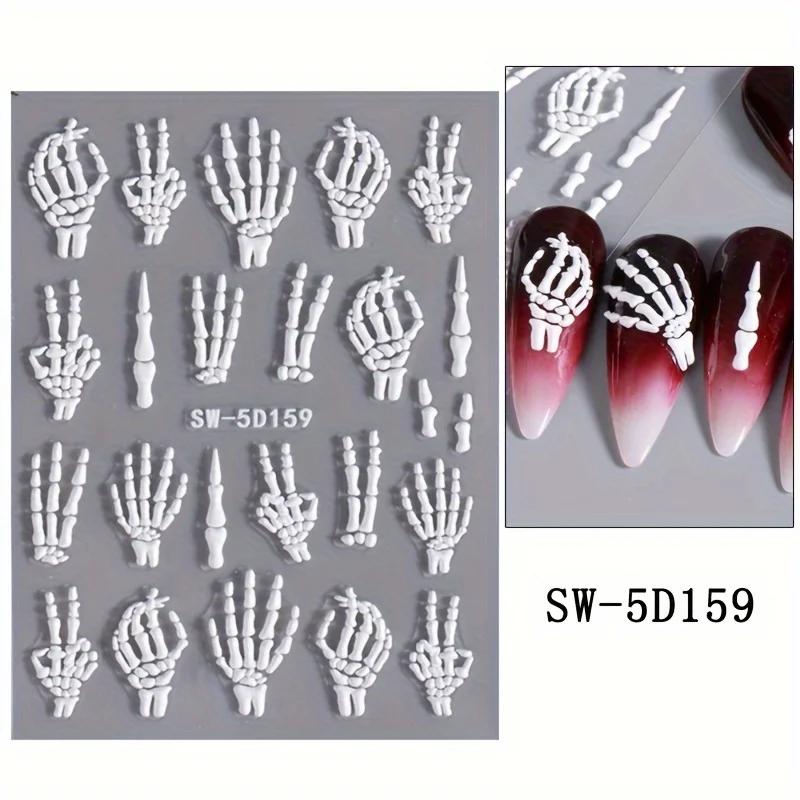 Halloween 5D Embossed Skull Hand Nail Art Stickers - Self-Adhesive, Sparkle Finish, DIY Manicure Decals for Festive Nail Designs