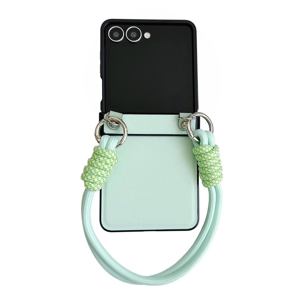 Samsung ZFlip7 Leder Handyhülle mit farbig gewebtem Seil - Passend für ZFlip6/5, Einfarbig, Faltbares Bildschirm-Backcover