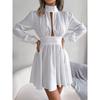 Spring and Summer Sexy Hollow Out A-line Party Short Dress Slim Waist Casual Turtleneck Long Sleeve Evening Dress Streetwear Solid Color Clothing