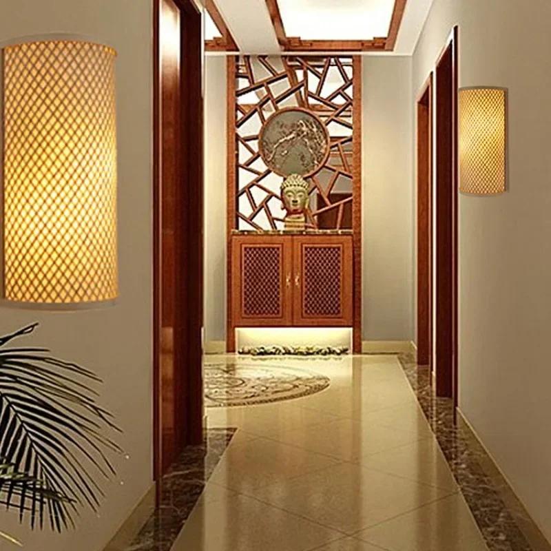 Led Vintage Bamboo Sconce Lamp Hemp Rope Bedroom Bedside Lights Dining Room Living Room Aisle Japanese Rattan Wall Lamp E27