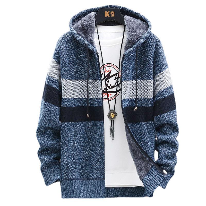 2024 Men's Colorblock Hooded Cardigan: Plus Velvet, Slim Fit, Trendy Plus Size Coat