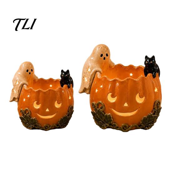 Feiertagsgeschenk für Katzenliebhaber Halloween Kürbis Kerzenhalter, Harz Geist Teelicht Halter Gothic Heimdekoration, Retro Verwittert Dekorativ