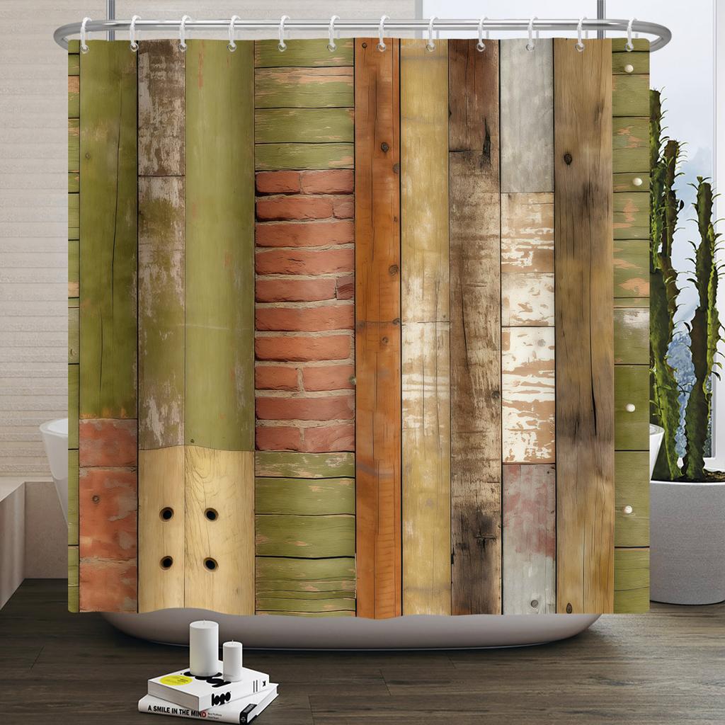 Country Sunflower Theme Waterproof Shower Curtain Wood Texture Barn Door Design Rustic Farmhouse Vintage Style Bathroom Decor