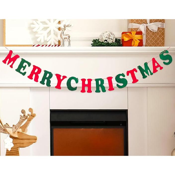 Merry Christmas Banner Red Green Wool Felt Garland Christmas Decorations Indoor Happy Holiday Decorations Cute Hanging Decor for Mantel Fireplace