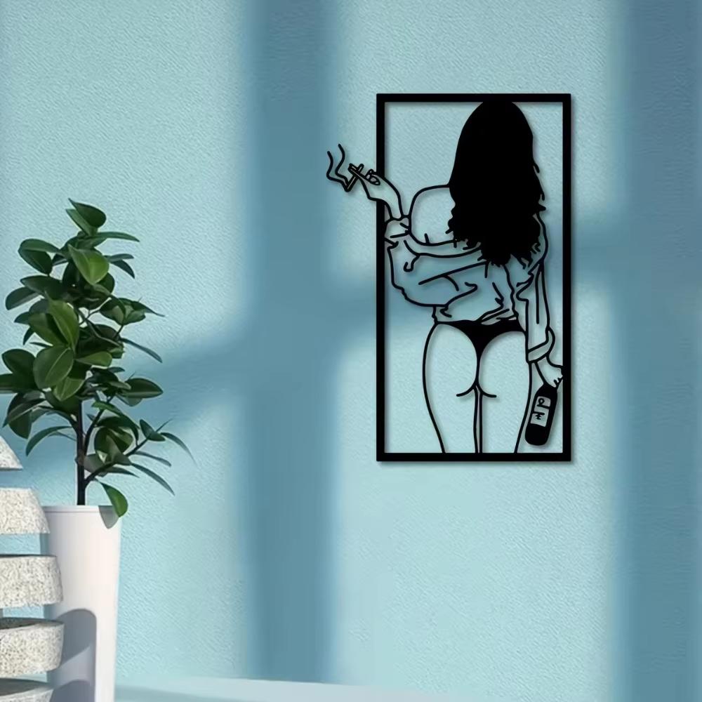 Schicke einteilige Wandkunst aus Metall, feminine abstrakte Linienkunst, moderne Frau, Zigarette, Bier, elegantes Wohndekor