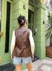 Leather Lambskin Biker Stylish Western Button Waist Coat Women Vest Coat Brown