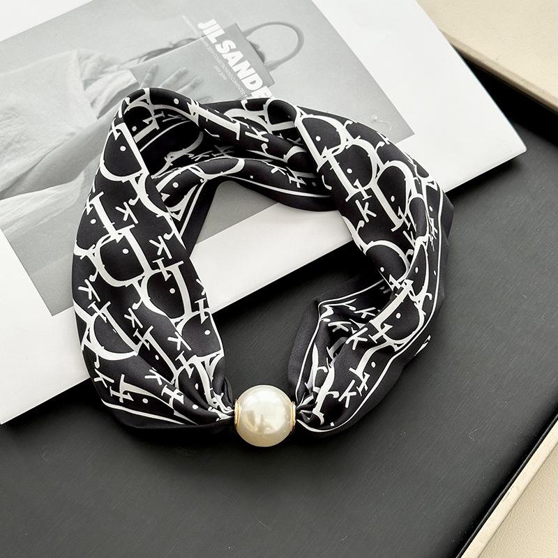 Pearl magnetic buckle small silk scarf women's lazy neck protection spring new versatile high-sense magnetic buckle necklace scarf