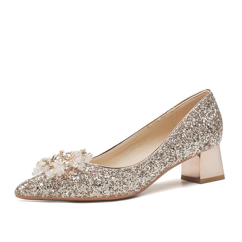 5306-2 Pointed High Heels Spring 2025 New French Sequined Bridal Wedding Shoes Thick Heel Light Mouth Single Shoes