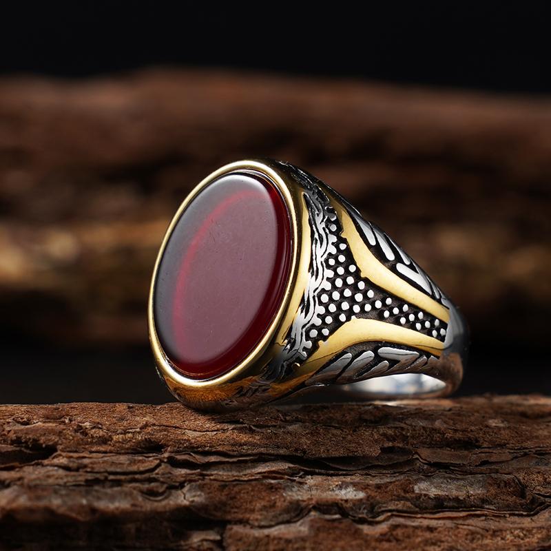Naturstein-Serie für Männer Elliptischer Ring mit echtem Tigerauge-Stein 316L Edelstahl Männlich Vintage-Design Punk-Ring