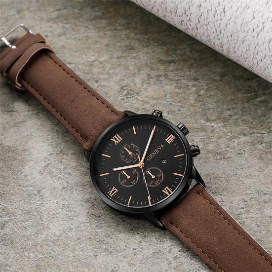 Yousheng Men Quartz Watch Round Dial Precise Pointer Display Shockproof Scratch-resistant Calendar Faux Leather Strap Fashion Simple Male Business