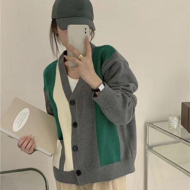 

Контрастный вязаный кардиган для женщин, осень 2023, маленькая и универсальная вязаная рубашка в студенческом стиле, свитер, кардиган, женский топ