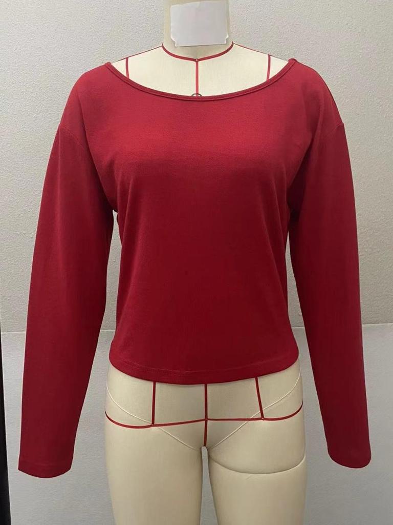 Women's Y2K Solid Color Long Sleeve Knit Sweater with Round Neck & Waist-Cinching Design