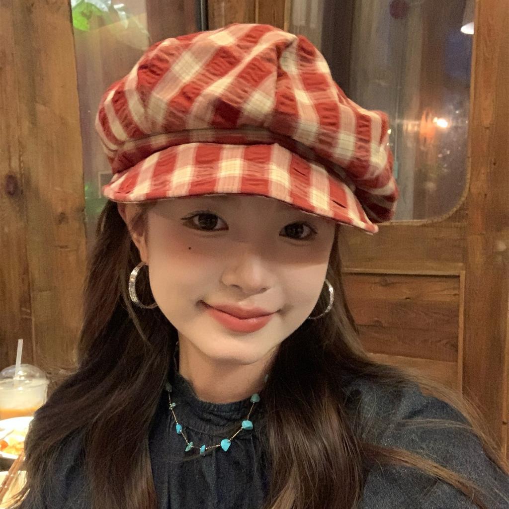 Retro Plaid Beret Women's Plaid College Style Painter's Hat Showing Face Small Big Head Circumference Cloud Octagonal Hat