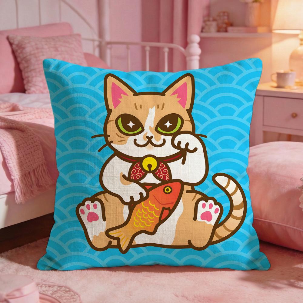 Auspicious Fortune Cat PopS Cushion Cover Premium Comfort Reversible Pillow Cove Two in One Design for Any Room  Car Interior