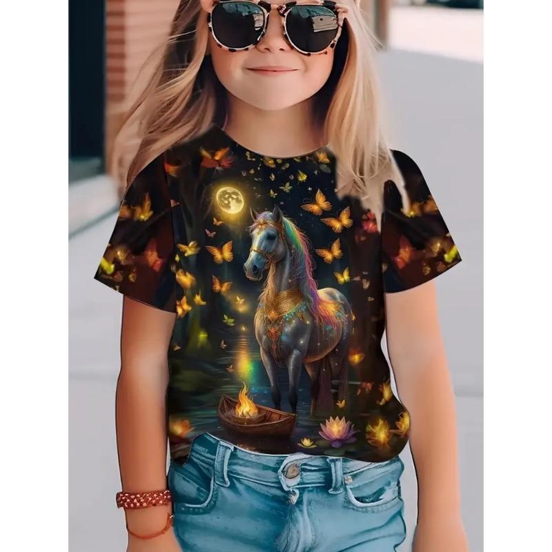 Barnkläder Flicka Söt och Rolig Djur Häst 3D-tryck Grafiska T-shirts Stil Bekväm Rundhalsad Topp T-shirt för Flickor
