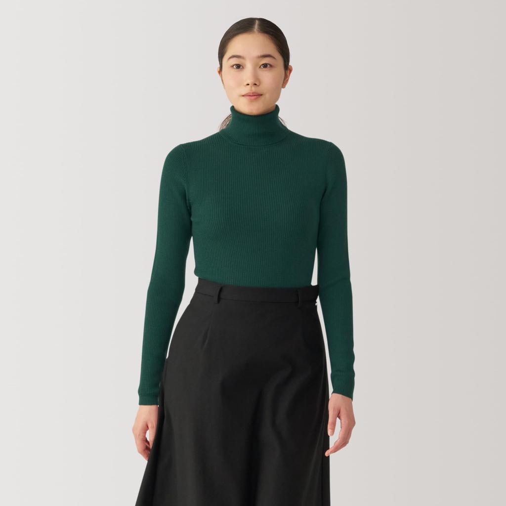 MUJI Washable Wool Rib Turtleneck Dark Size BA1OXA4A Women's High-Gauge Sweater, Green, M,