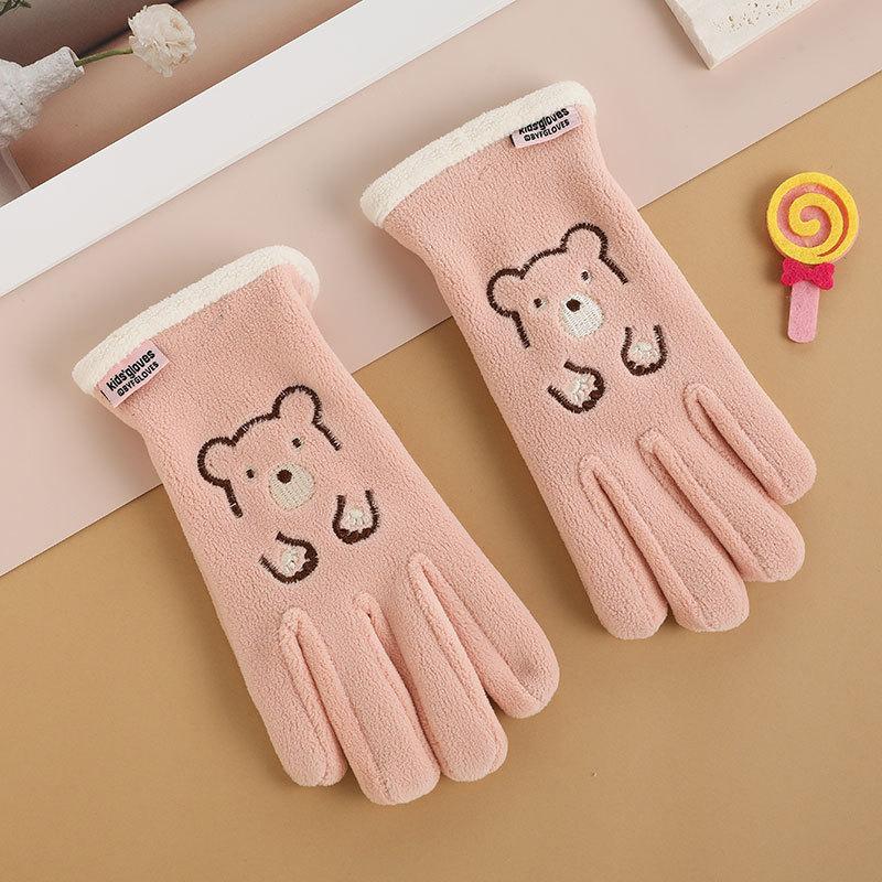 Gants pour enfants hommes et femmes ours de dessin animé brodés automne et hiver extérieur équitation patin à roulettes velours coupe-vent gants chauds