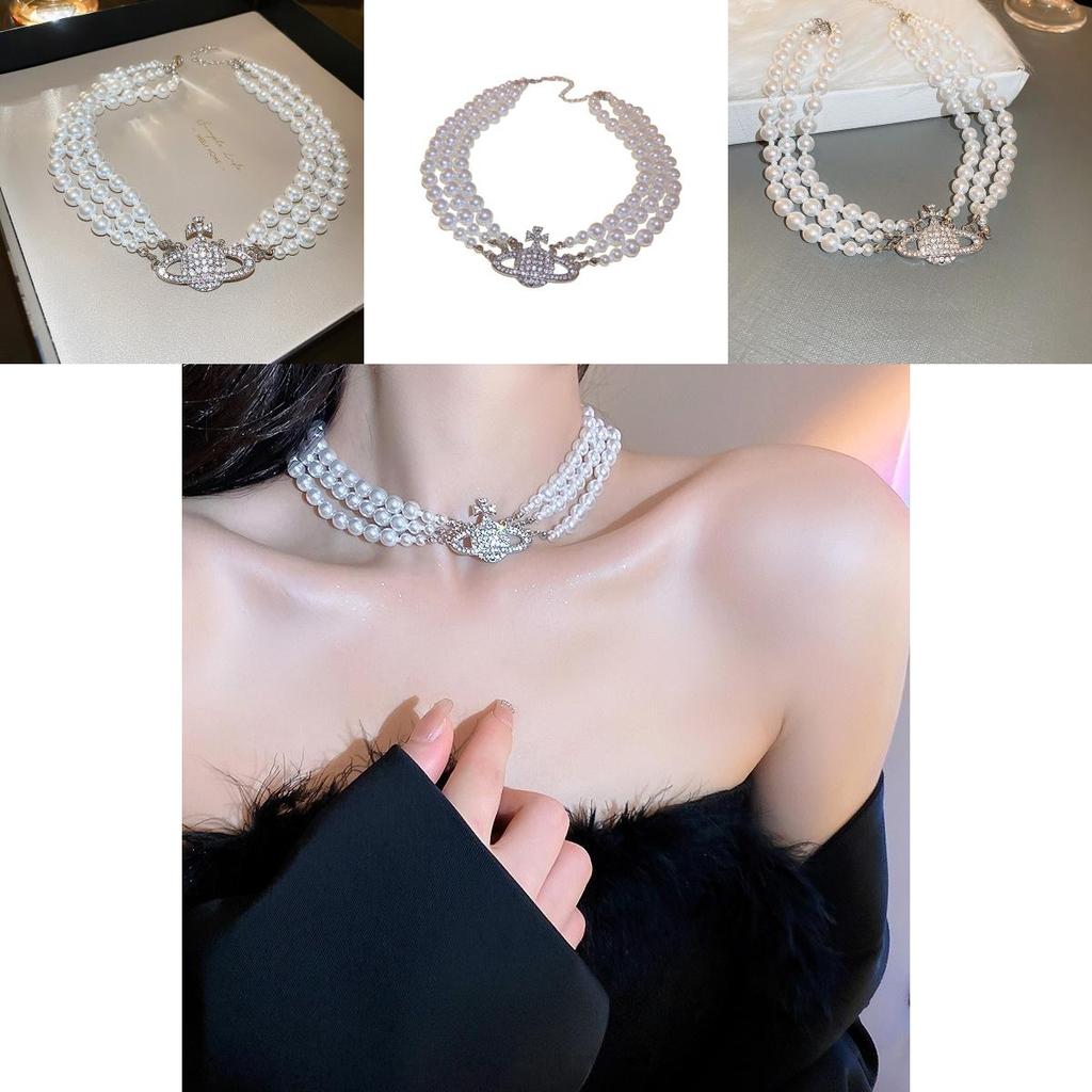 High-end Korean Style Multi-layered Pearl Necklace With Saturn Pendant