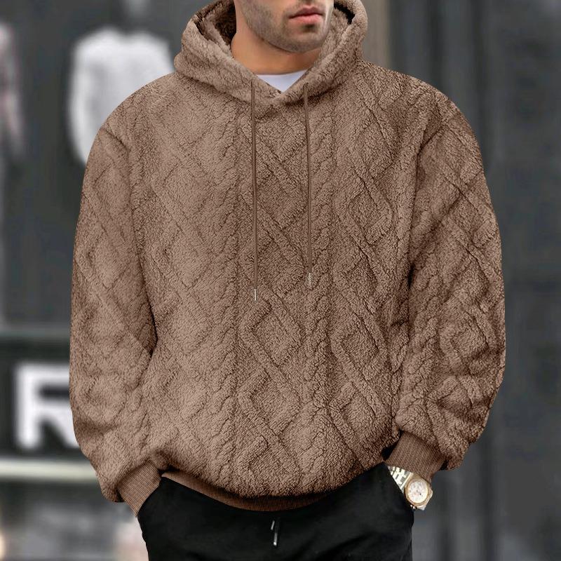 Mens American Casual Loose Fleece Lined Jacquard Hooded Pullover Sweatshirt