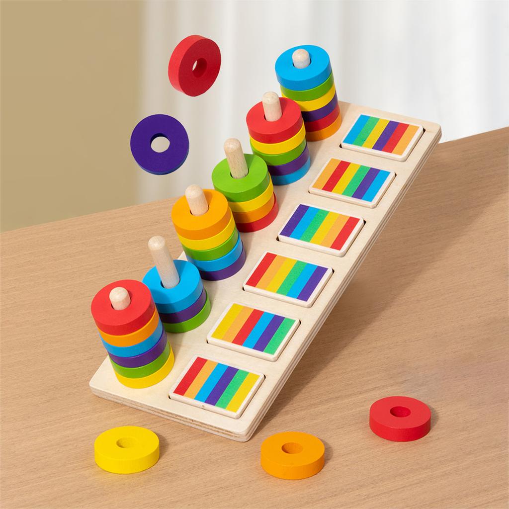 Wooden Color Sorting Stacking Toys with Racks Rings Montessori Toys Rainbow Ring Game Educational for Ages 3+ Boys Girls Gift