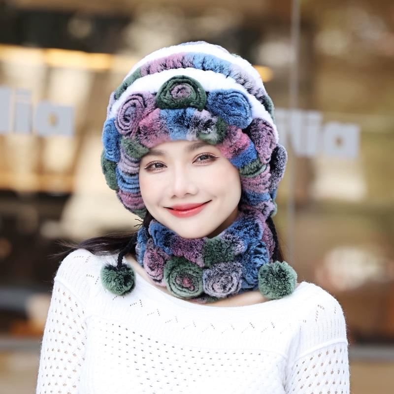 Rex Rabbit Hair Hat Scarf Two-piece Set Women's Winter In The Elderly Mother Grandma Winter Fur Scarf Cover