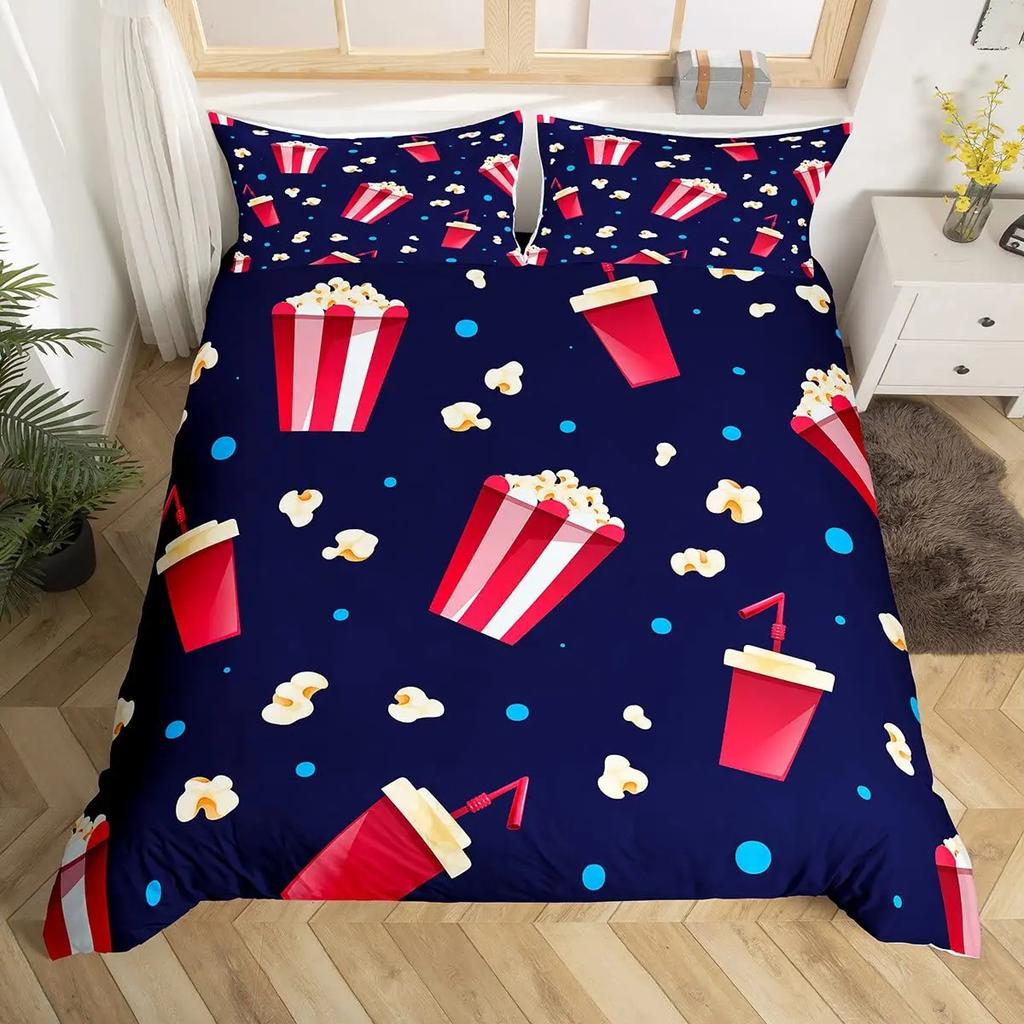 Popcorn Duvet Cover Movie Theater Food Bedding Set Microfiber Cinema Poster Comforter Cover Twin Full For Kids Teens Room Decor