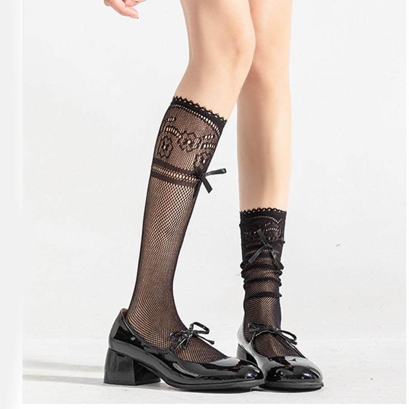Fishnet Knee Highs Socks Meshes Socks Sweet Bowknot Tie Fishnets Tights Cosplays Costumes Sweet Tube Socks Stockings