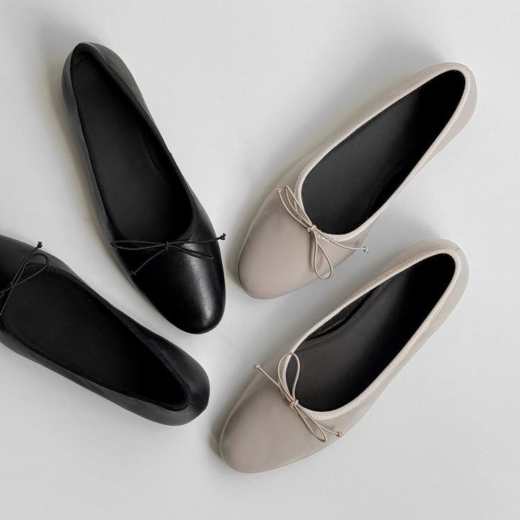Bow flats 2025 summer new round head single shoes women's sheepskin shallow mouth leather women's shoes Korean version of ballet