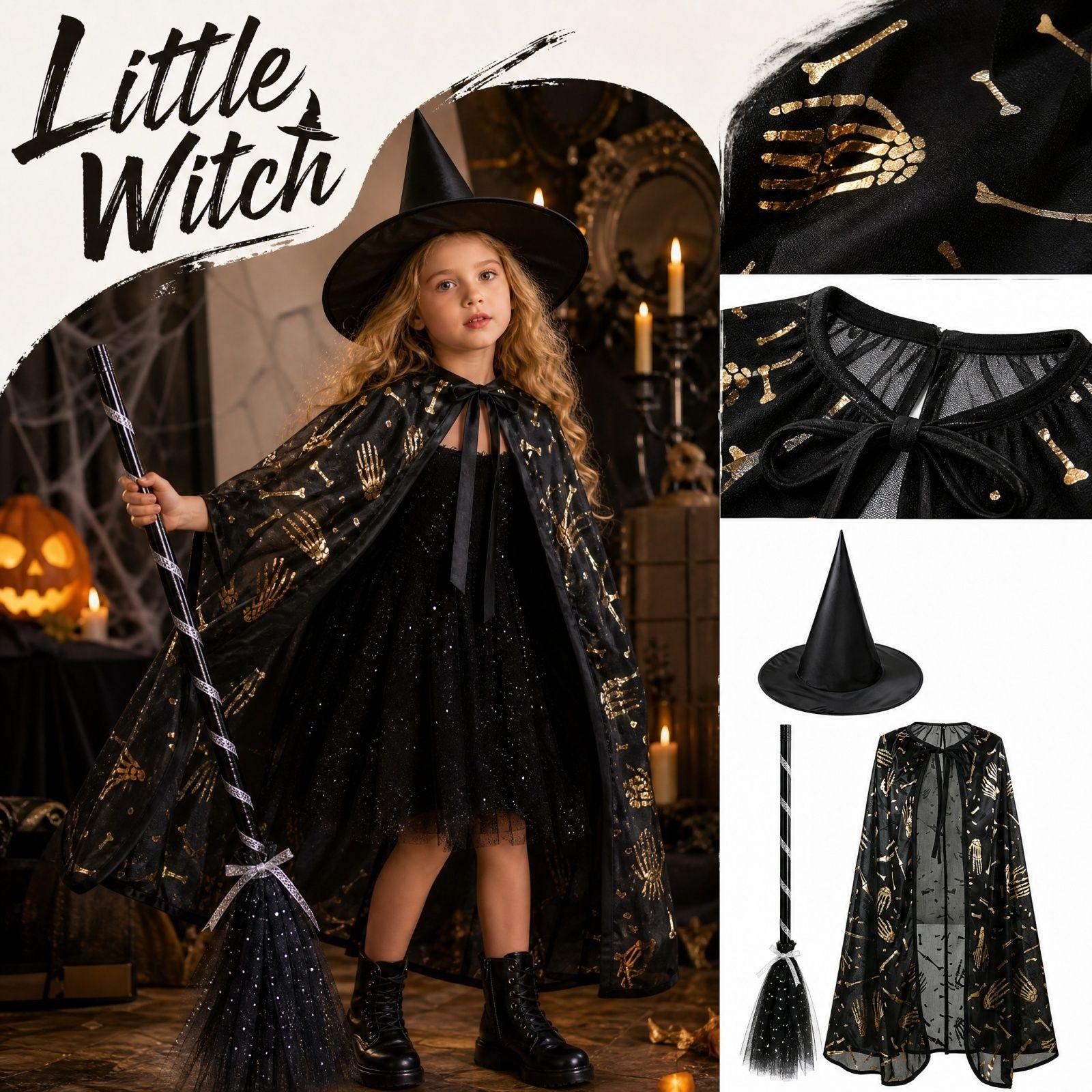 Halloween Kinderumhang Kostüm Set - 3-teilig mit Schwarzem Hexenhut, Besen und Bedrucktem Umhang One Size black