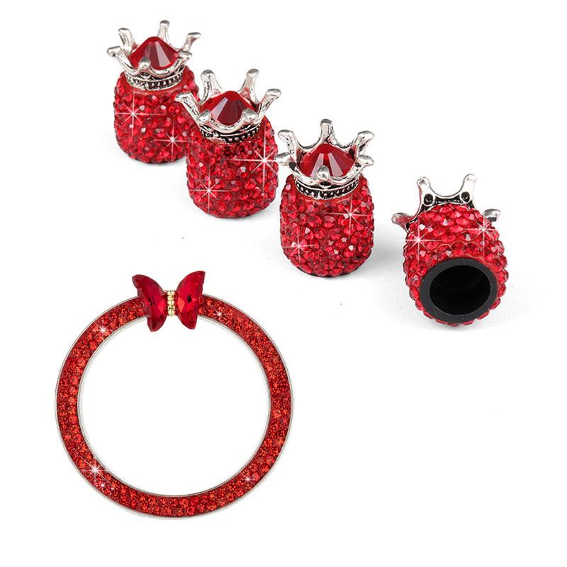 5PCS Bling Car Tire Valve Cap Clay ABS Diamond Crown Auto Wheel Caps And Rhinestone One Click Start Button Engine Decoration