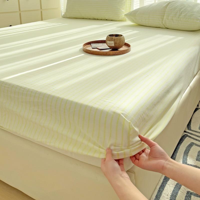 Modern Design Light Green Linellae Pattern Printed Fabric Bed Sheets Cotton Breathable Mattress Cover Colorful Fitted Sheet with Pillowcase