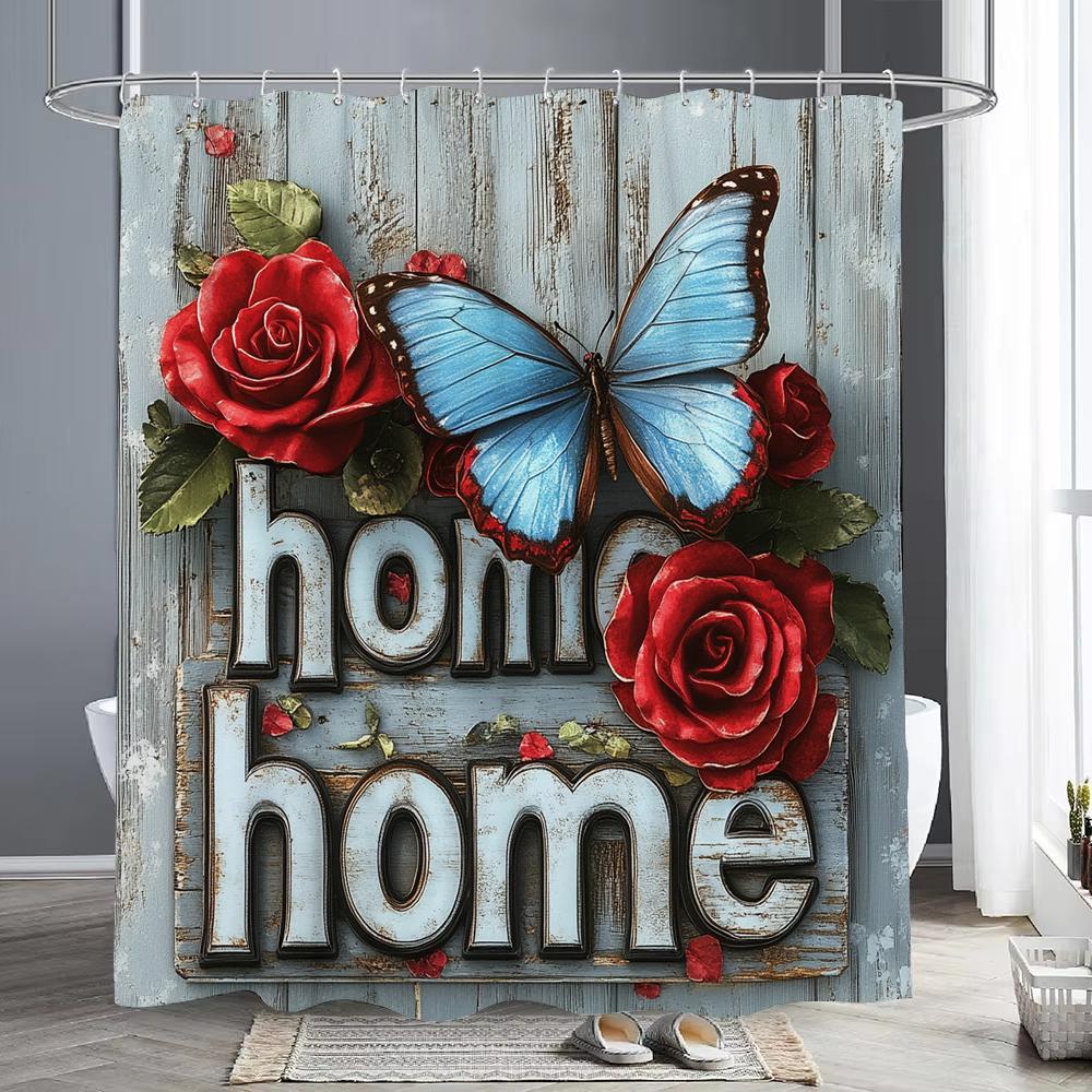 

Vintage Wood Red Roses, Blue Flowers Shower Curtain, Bathroom Decorative Shower Curtain, Waterproof Shower Curtain With Hooks W60H190(CM)-1 Pcs