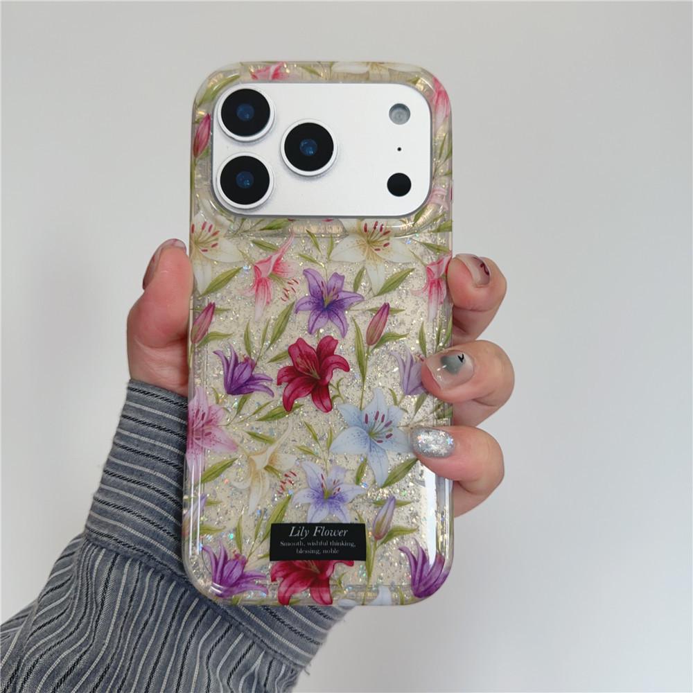 Pastoral Glitter Lily Flower iPhone Case for 16Pro/17Pro - Elegant Design for 14/15Pro Women iPhone 16 Pro Max