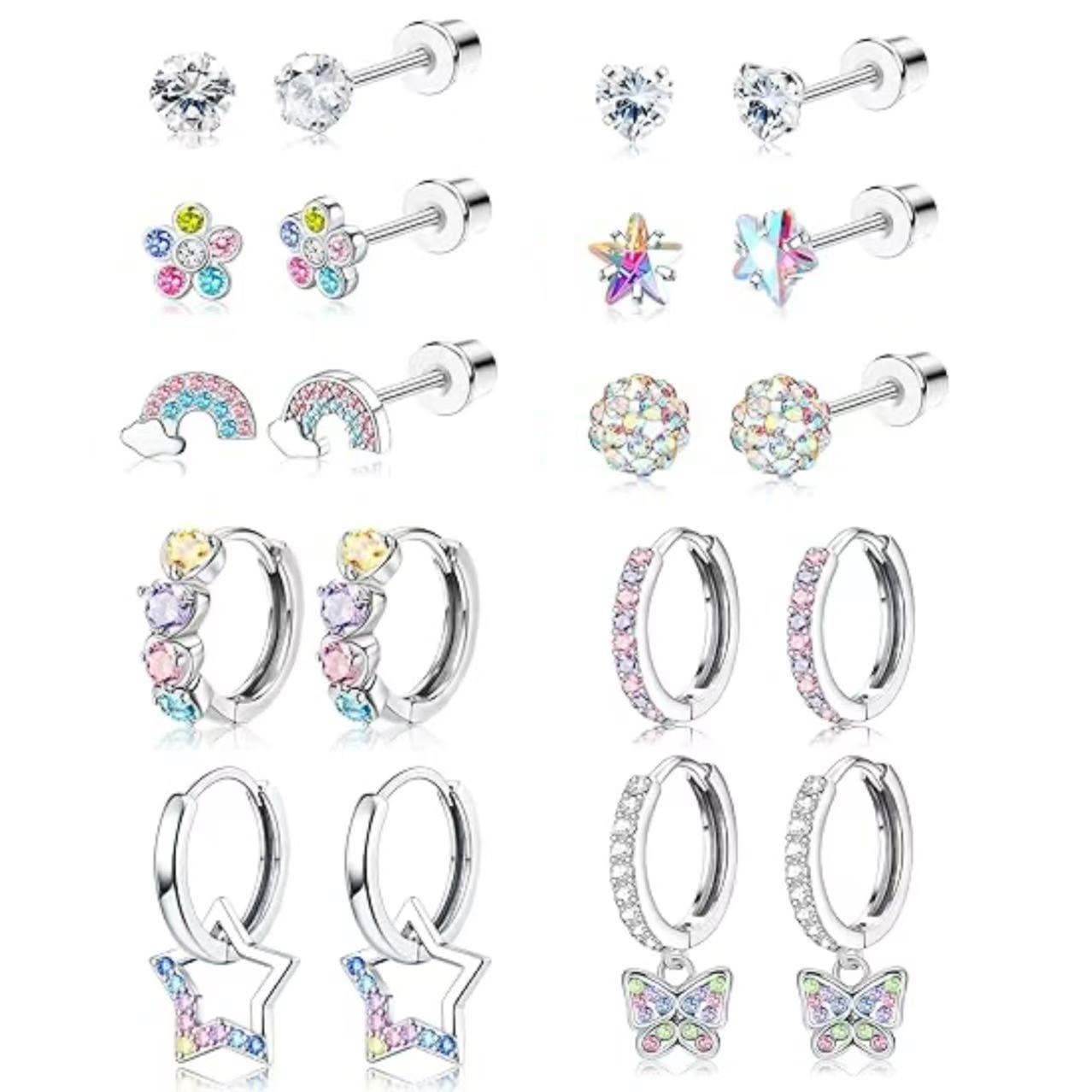 

10 Pairs Hypoallergenic Screw Earrings Set For Women Girls Surgical Steel Earrings Rainbow Star Butterfly Cartilage Earrings белый