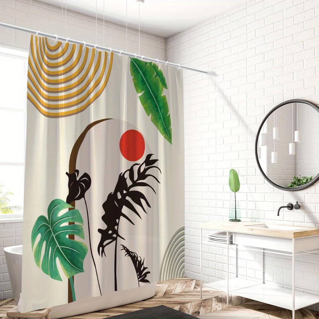 1pc Nordic Abstract Floral Print Shower Curtain with Red Sun and Tropical Leaves Pattern - Polyester Fabric, Machine Washable