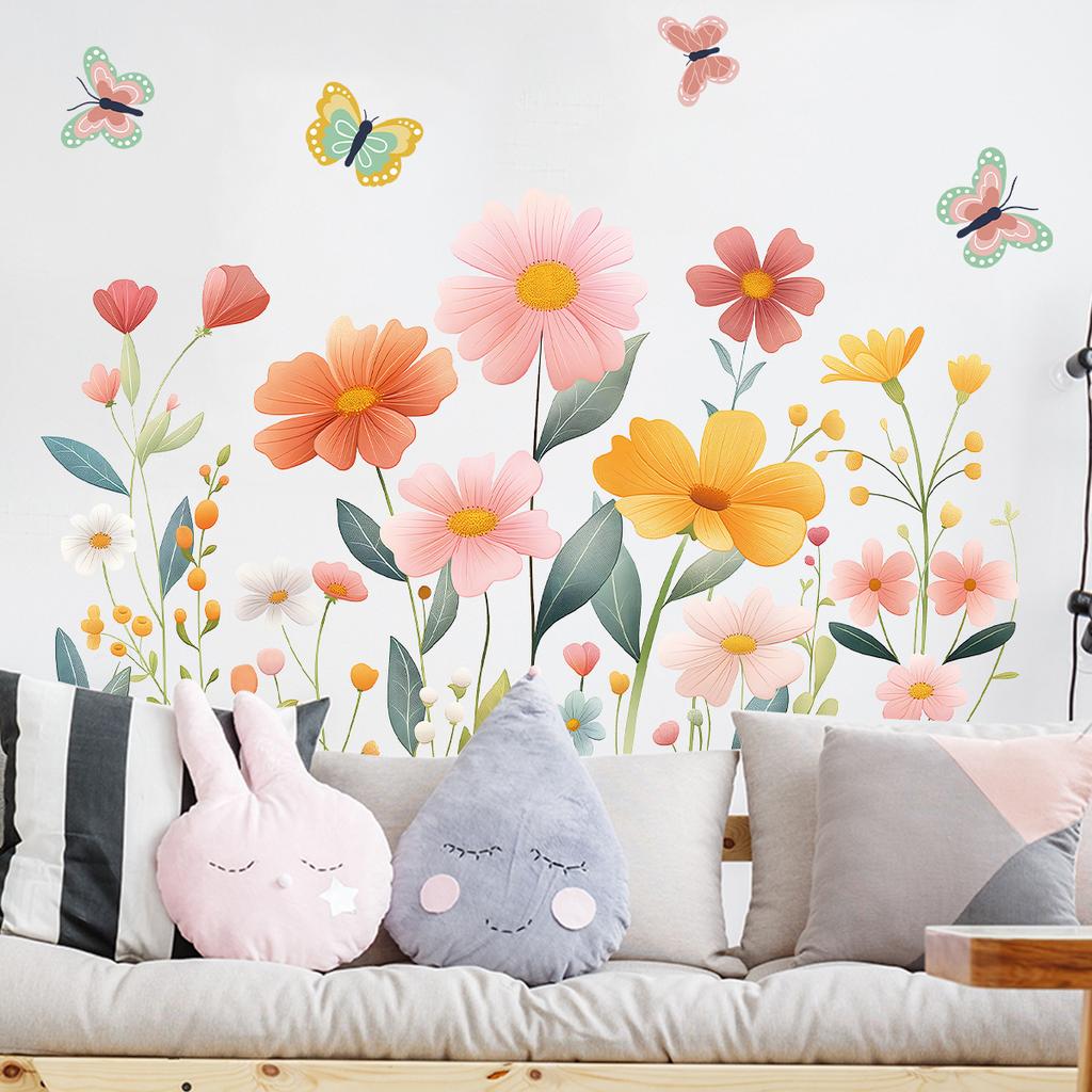 Cartoon Aesthetic Rustic Floral Butterfly Wall Stickers, Cute Girly Self-Adhesive Decor for Room Decoration
