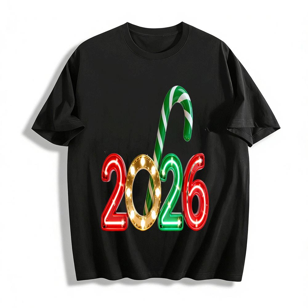 

2026 Christmas Candy Cane Graphic Print Casual Holiday Top Pure cotton T-shirt XXS